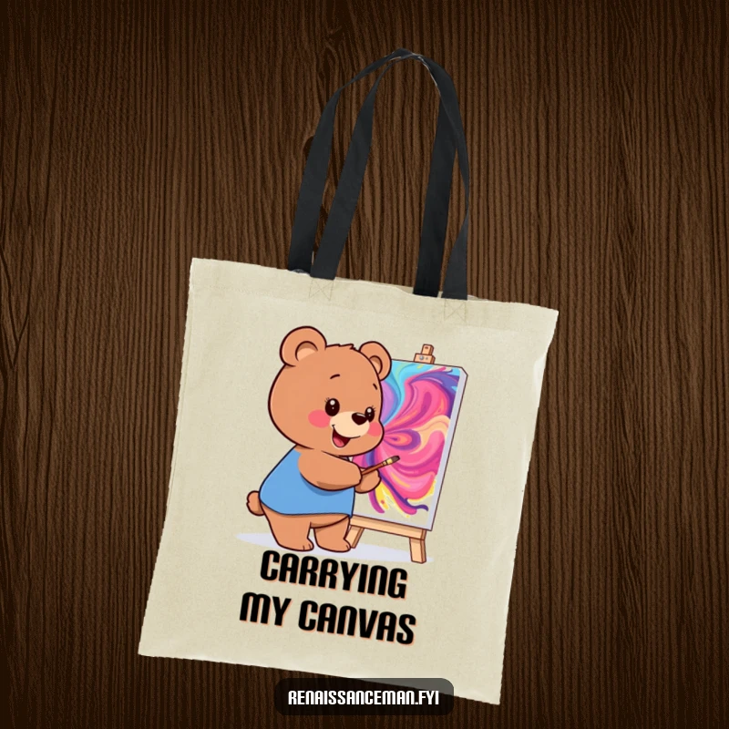 Funny tote bag with a smiling bear painting a vibrant masterpiece, perfect for carrying art supplies or daily items.
