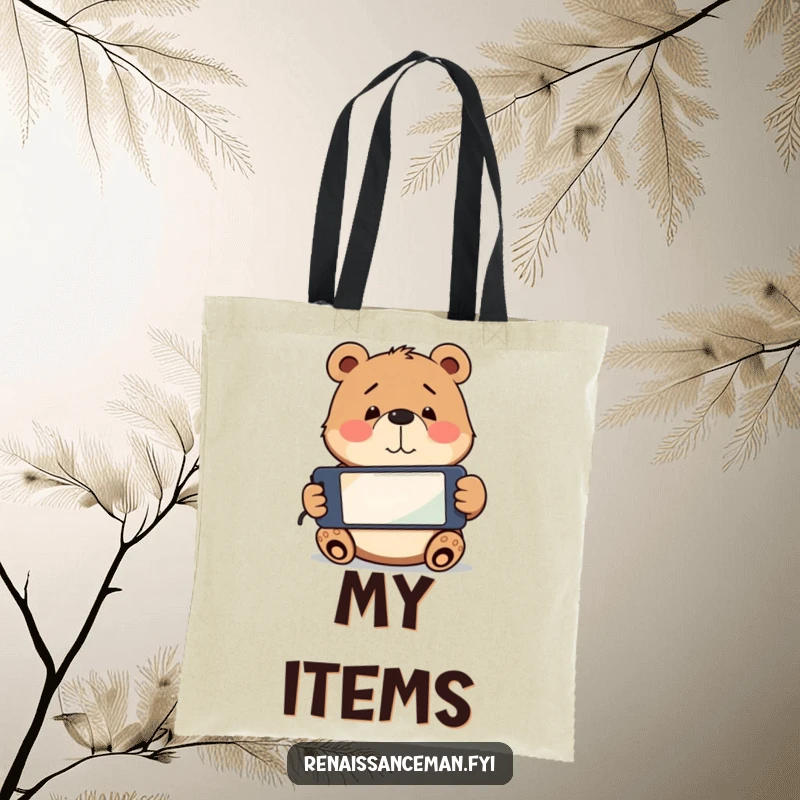 Funny playful bear holding a smartphone upside down, looking confused. Durable and funny tote bag.