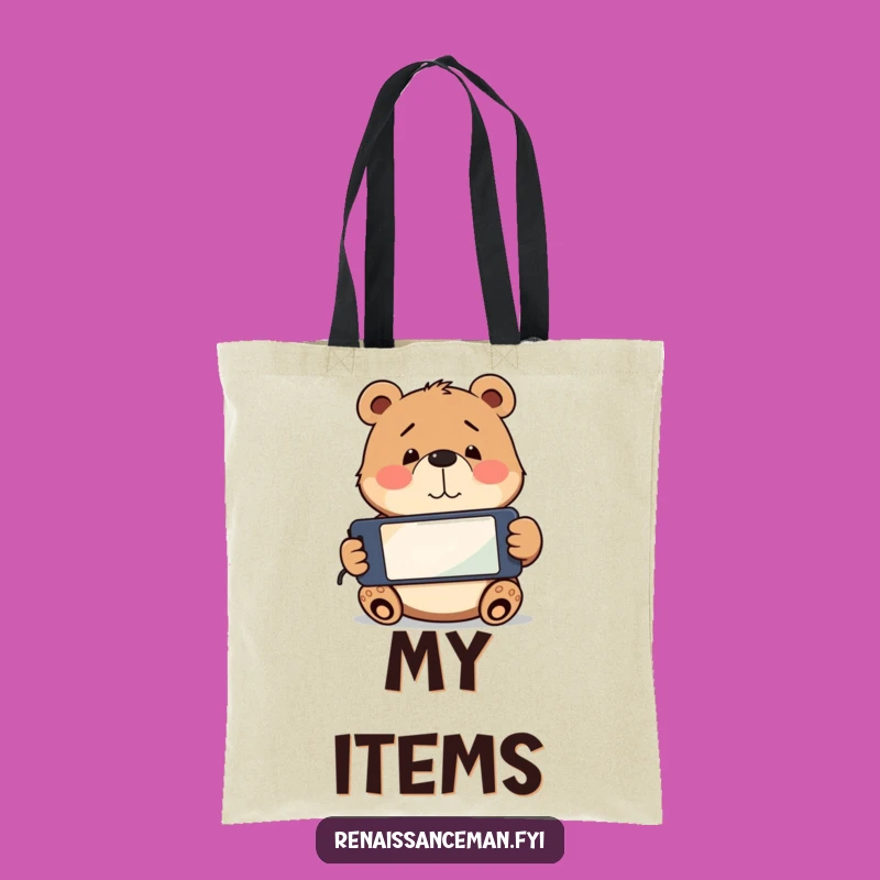 Funny Bear Phone Confusion Tote Bag: Playful bear with upside down phone, a perfect funny gift.