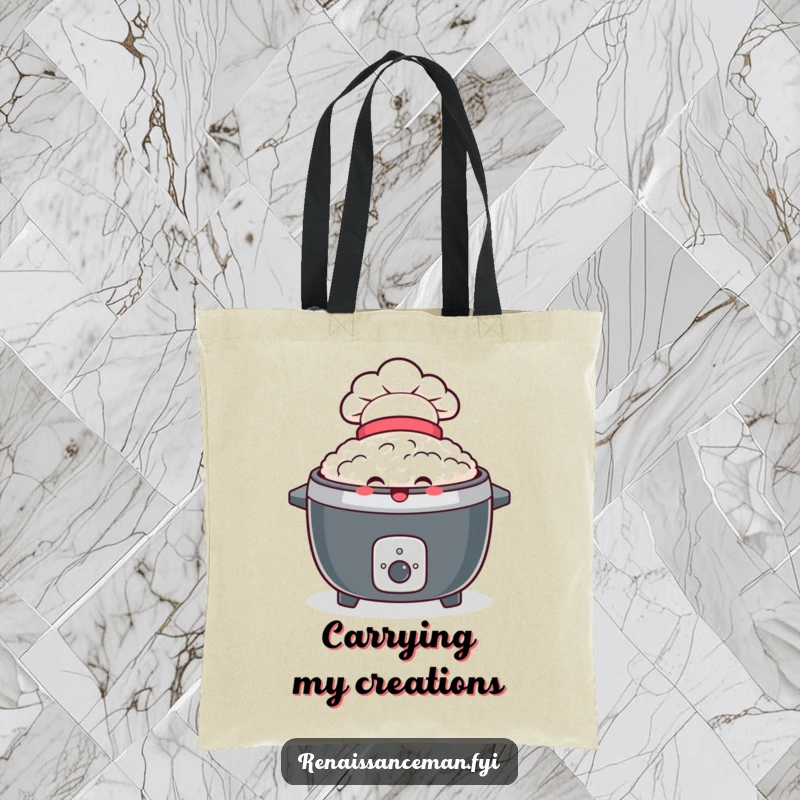 Funny tote bag with a delighted rice cooker wearing a tiny chef hat, perfect for carrying groceries or culinary inspiration.