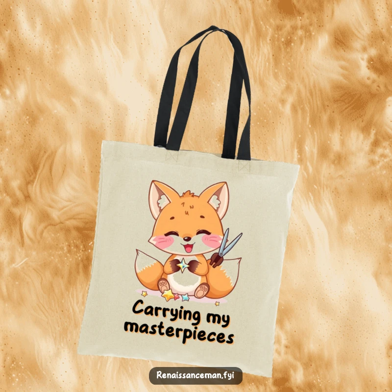 Funny tote bag: A delighted fox carefully cuts a shiny embellishment, showing off its precision and crafting enthusiasm.