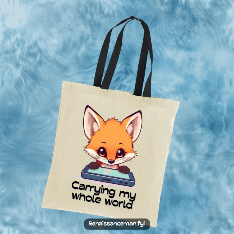 Funny fox peering intently into a mobile phone screen, ready for a day of carrying items in this humorous tote bag.