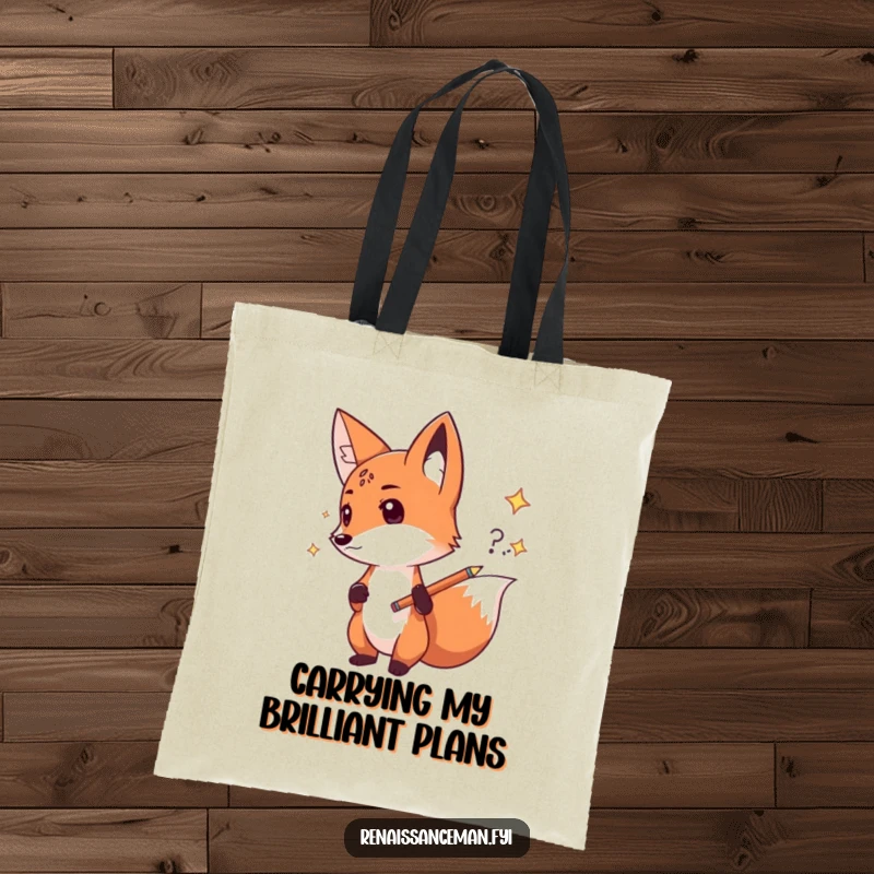 Funny fox sketch tote bag, featuring a determined fox confidently sketching an idea, ideal for carrying creative essentials with humor and style, great gift.