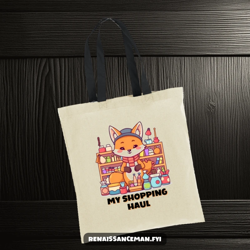 Funny fox tote bag. A proud fox stands behind a large display of items, ready to carry your goods.