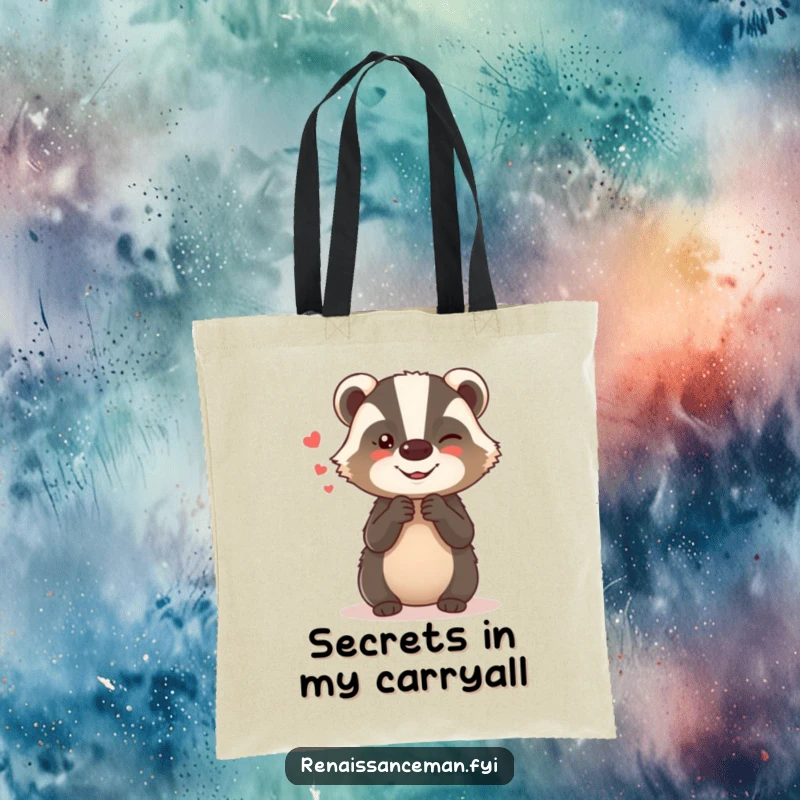 Funny tote bag with a giggling badger whispering secrets, perfect for carrying items with a humorous and mischievous flair.