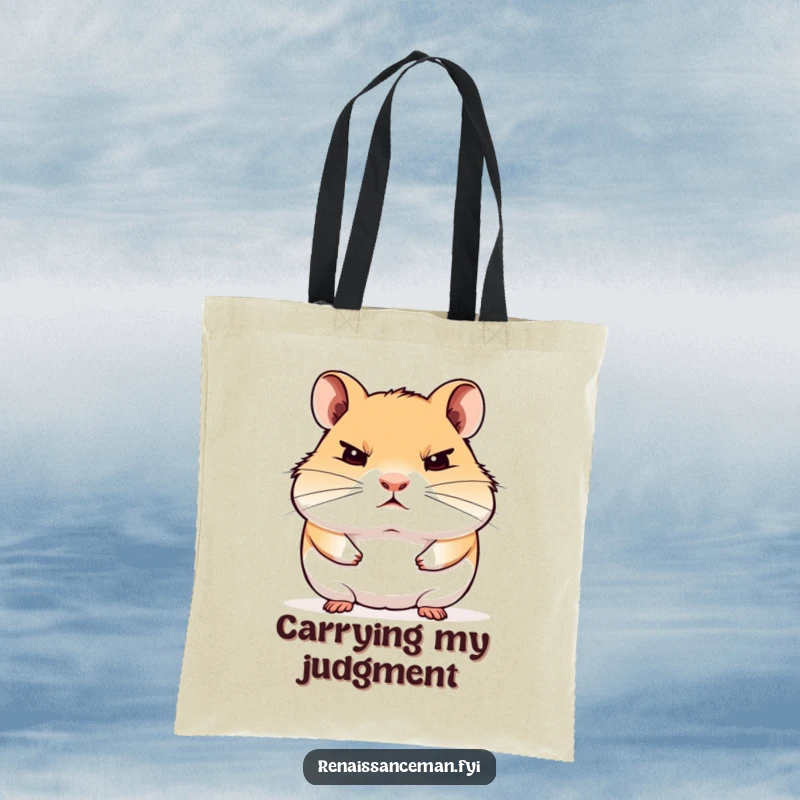 Funny tote bag with a proud hamster staring blankly with disdain, perfect for carrying items with a judgmental flair.