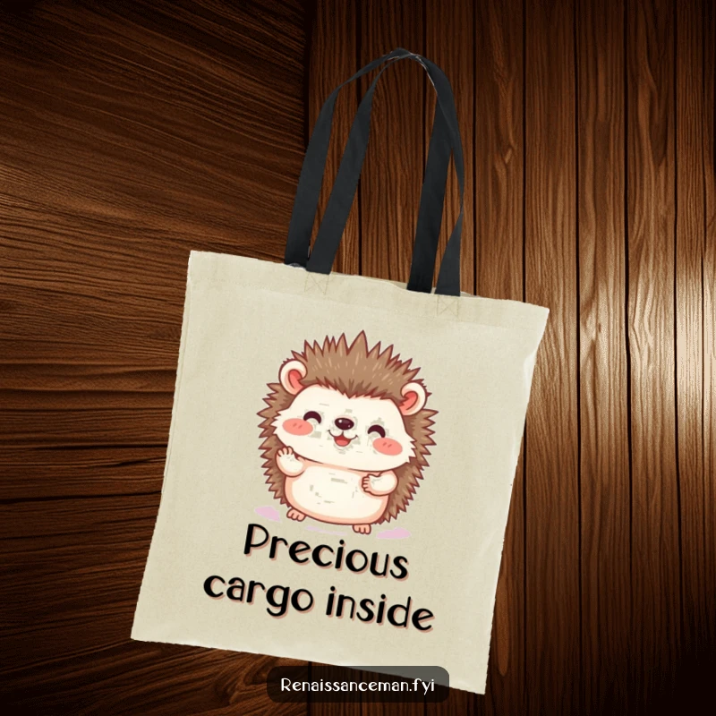 Funny hedgehog photo tote bag, featuring a joyful hedgehog carefully placing a photographic print, ideal for carrying memories with a touch of humor and care, great gift.
