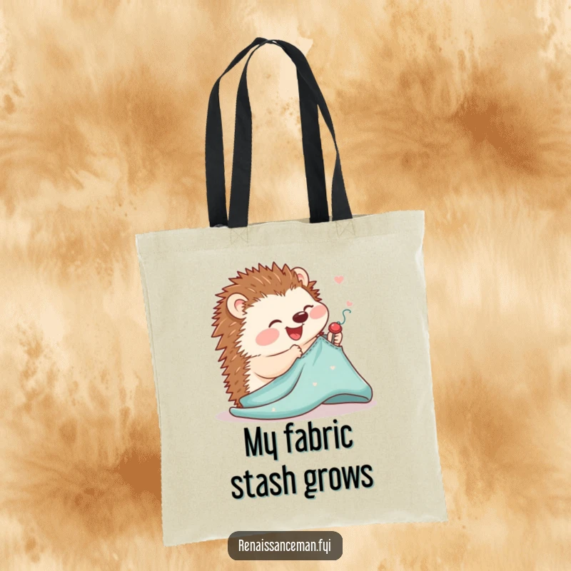 Funny tote bag showcasing a joyful hedgehog precisely pinning a sewing pattern onto fabric, great for carrying craft supplies.