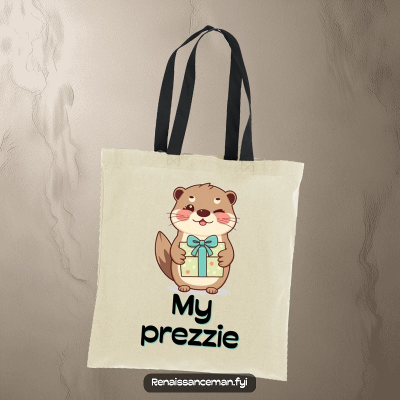 Funny otter tote bag. A beaming otter winks as it presents a beautifully wrapped gift, perfect for carrying presents.