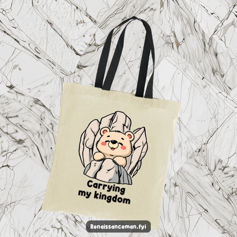 Funny Proud Bear Smiling from a Rocky Peak Overlooking a View, Humorous Tote Bag for Adventurers.