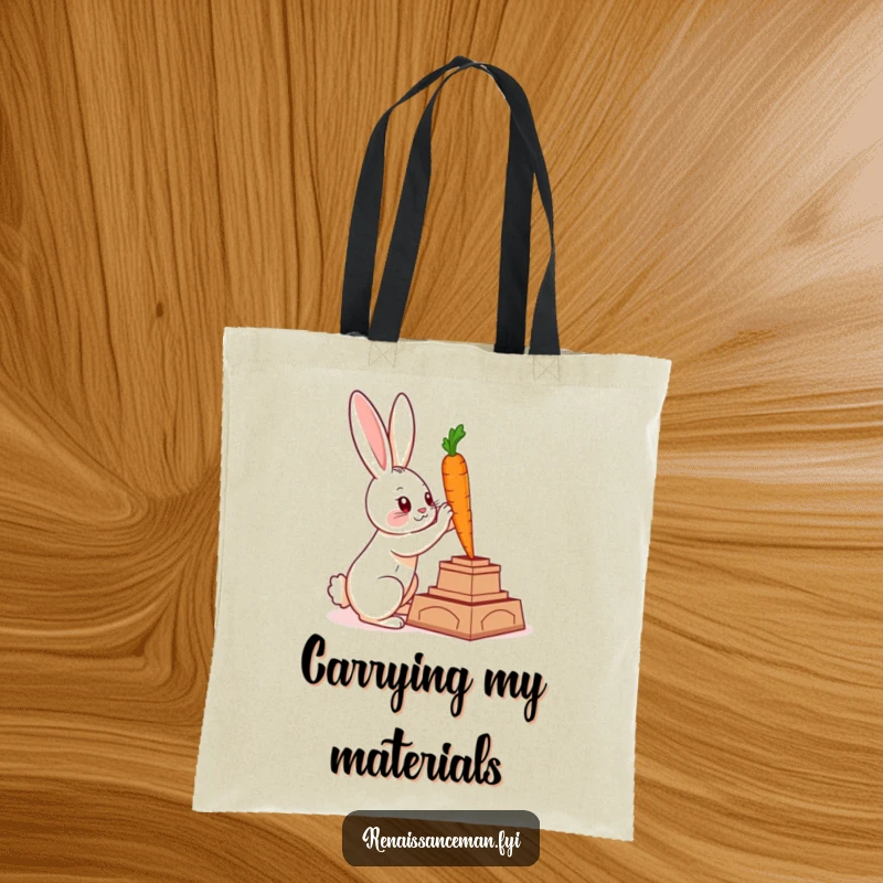 Funny tote bag with a clever rabbit sculpting a carrot statue, perfect for carrying art supplies or daily essentials.