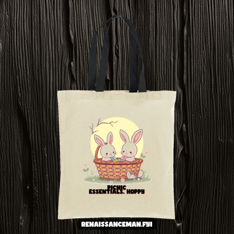 Funny rabbit enjoying a moonlit picnic basket, perfect for carrying essentials with a touch of whimsical, nighttime charm.