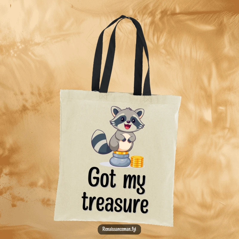 Funny raccoon tote bag showing a delighted animal balancing its hoard of shiny coins, ready for a treasure hunt.