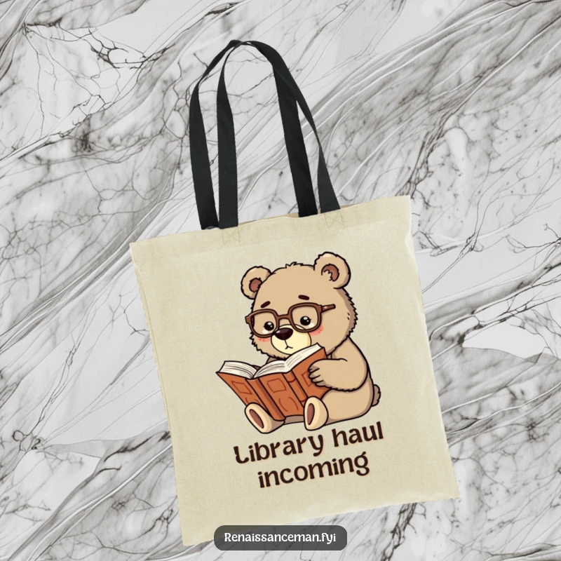 Funny scholarly bear with spectacles reading a large book, illustrated on a durable and humorous tote bag.