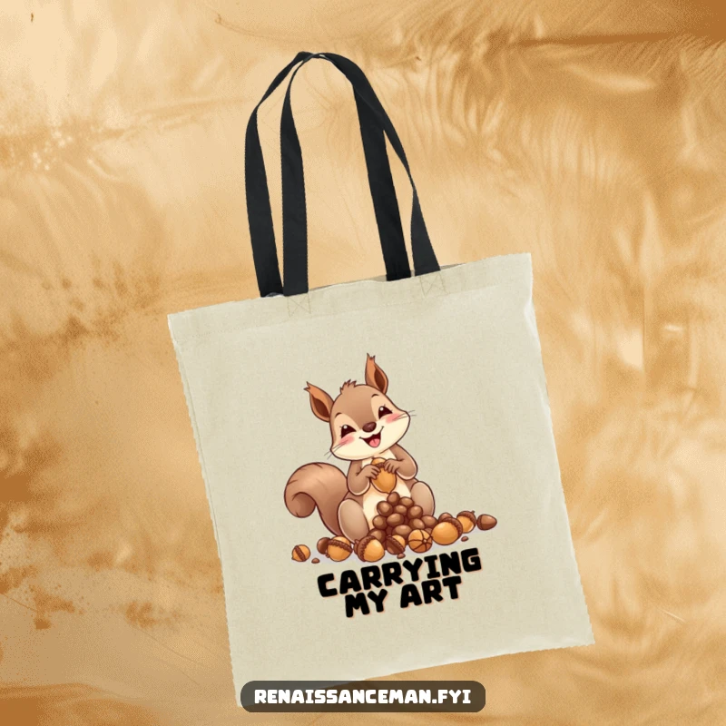 Funny squirrel tote bag, skillfully crafting acorn sculpture, looking proud and joyful, practical accessory for carrying supplies, artistic woodland charm.