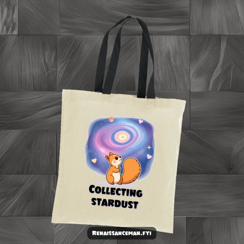 Funny tote bag with a cheerful squirrel character gazing dreamily at a swirling galaxy. Practical and whimsical.