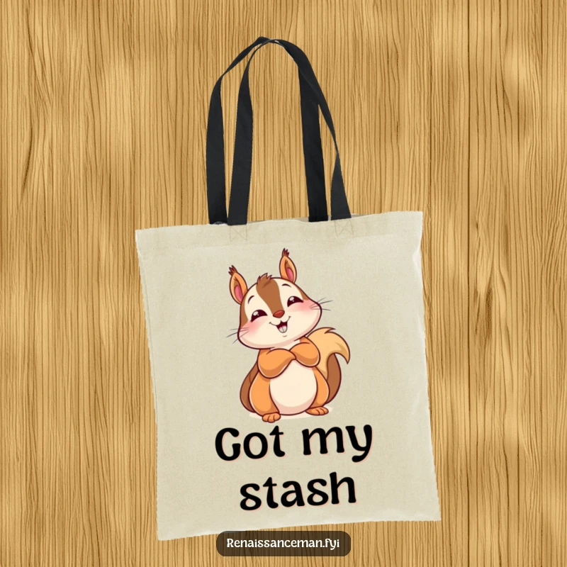 Funny tote bag showcasing a delighted squirrel leaning back, arms crossed, with a knowing look of intelligence.