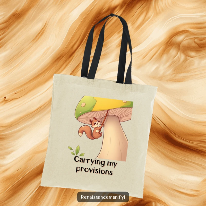 Funny squirrel tote bag, a determined squirrel character is rappelling down a massive mushroom using a rope, symbolizing exciting journeys.