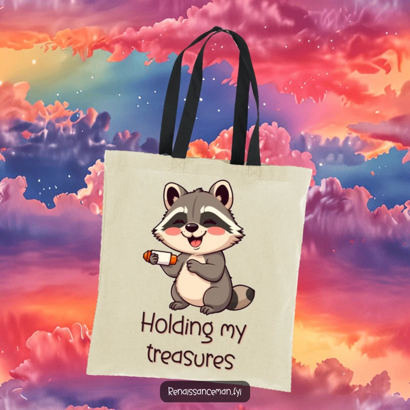 Funny tote bag: A giggling raccoon with a wide smile adorably uses a glue stick, ready for crafting adventures.