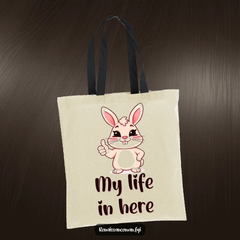 Funny tote bag with a cheerful bunny giving a sarcastic thumbs up and a forced grin, great for everyday sass.